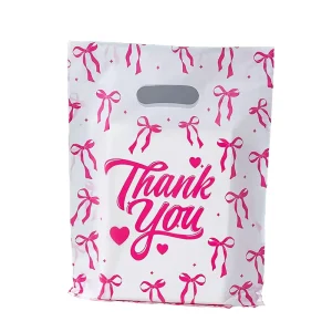 Pink Bow Print HDPE Plastic Thank You Bags Suitable for Retail and Boutiques