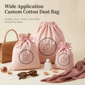 Pink Cotton Canvas Drawstring Dust Bag Large Custom Screen Print Logo Ribbon Handbag Storage Packaging Pouch OEM