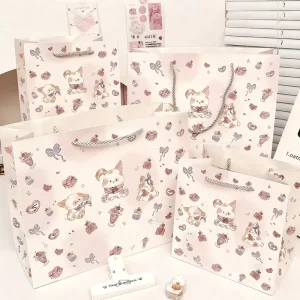 Pink Gradient Cartoon Bunny Paper Gift Bags with Twisted Rope Handles Cute Bow Dessert Print Shopping Tote Bags Multi Sizes
