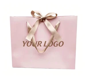 Pink Shopping Tote Bags With Champagne Ribbon Bow Custom Brown Brand Logo Print For Cosmetic Jewelry Holiday Present Packaging