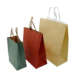 Plain Natural Kraft Paper Twist Handle Gold Hot Stamping Logo Gift Cosmetic Store Packaging Kraft Paper Bag