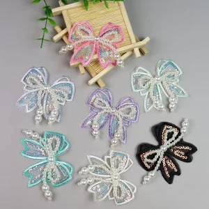 Polyester Organza Bowknot Patch Computer Embroidery Beaded Hot Fix Tassel Applique DIY Sewing Accessories