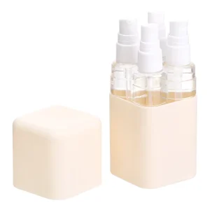 Portable Modern Plastic 4 in 1 Travel Bottle Set with Shower Gel Shampoo Perfume Spray Bottle Injection Molded Square Design