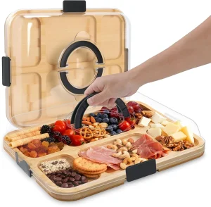 Portable Multi Compartment Bamboo Serving Tray with Lid Lightweight Picnic Snack Box for Outdoor Party Food Storage
