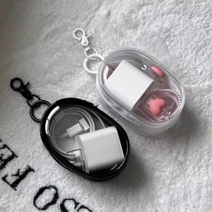 Portable PVC Headset Storage Box with Transparent Winding Dust Bag 10x10x10cm for Mobile Phone Charging and Storage