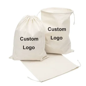 Portable Reusable Gift Plain Blank Canvas Cotton Double String Dust Drawstring Bags With Printed Logo