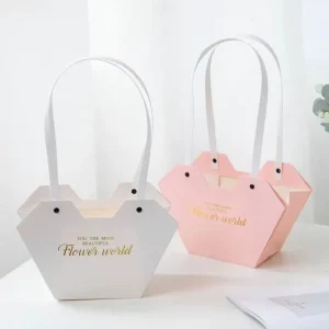 Portable White Cardboard Flower Box Special Shape Floral Bag Folded Gift Bag for Flower Shop