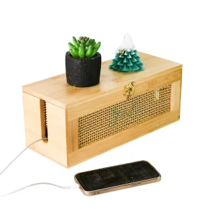 Premium Bamboo Cable Management Box Stylish Desk Organizer with Lid Portable Cord Concealer for Office Home