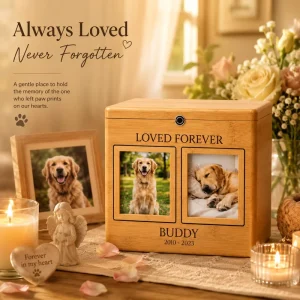 Premium Bamboo Pet Ashes Keepsake Urn Box Double Picture Frame Layout Elegant Dog Cat Cremation Urns Remembrance Gift