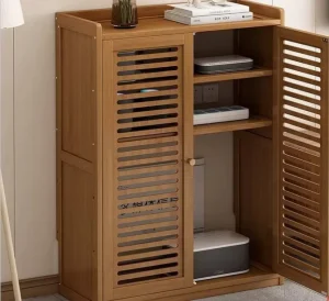 Premium Bamboo Router Storage Cabinet WiFi Box Organizer Power Strip Management Shelf with Louvered Doors for Home Office