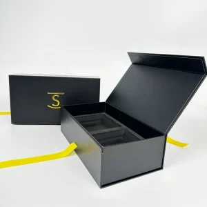 Premium Custom Gold Foil Embossed Logo Magnetic Rigid Box with Matt Lamination UV Coating Ribbon and EVA Inlay