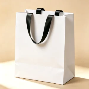 Premium Eco Friendly Classic Matte Blank Finish Black Satin Ribbon Handle Custom Gold Hot Stamp Recyclable White Paper Bags