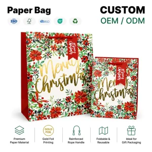 Premium Eco Friendly Paper Bags with Gold Foil Print Reinforced Rope Handles for Christmas Gift Packaging Custom OEM ODM Factory