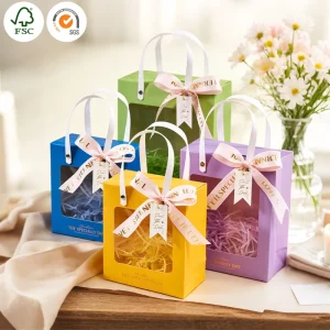Premium Paper Gift Packaging Bags with Closure Ribbon Handles Lamination Personalized for Wedding Bridal Baby Birthday Events