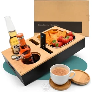 Premium Quality Food Grade Certified Multifunctional Bamboo Standing Type Couch Console Tray with Cup Holder for Snacks Fruit