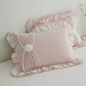 Princess style Square Floral Pillowcase with Lace Embroidery and Ruffled Edges Home Hotel Use Pillowcase and Cushion Cover