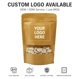 Printed Brown Kraft Paper Moisture Proof Stand Pouches Food Packaging Bag Window Zipper Gravure Printed Potato Chips Chewing Gum