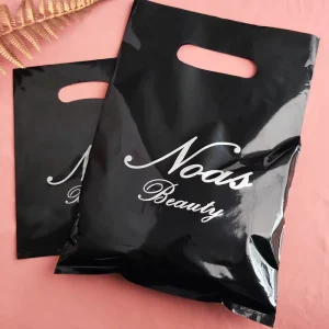 Printed Logo Clothing Shoe Shop Packing Black Shopping Bag Custom Plastic Die Cut Handle Bag