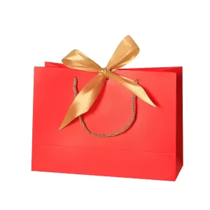 Printed Red Luxury Paperboard Gift Bag with Golden Ribbon Recyclable and Biodegradable Customizable Colors