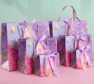 Purple Floral Eco Friendly Luxury Paperboard Gift Bag Colorful Flower Pattern Tote Lavender Ribbon Bow Carrier Occasion Sack