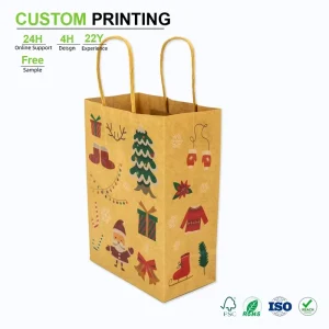 QY Custom Handmade Luxury Art Paper Christmas Gift Bag with Santa Claus Print Eco friendly for Candle Packaging