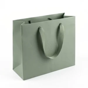 Qiaohan Luxury Custom Logo Paper Shopping Bags SageGreen Matte Boutique Retail Packaging Grosgrain Ribbon Handle Embossed