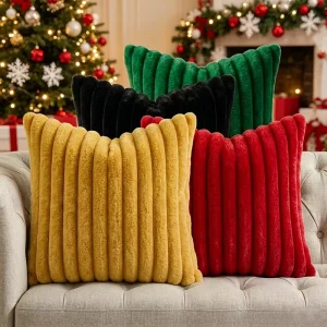 Rabbit fur style Plush Ribbed Cushion Cover PP Cotton Filling Modern Minimalist square Design for Christmas Decor Throw Pillow