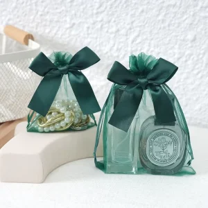 Ready Stock Eco-Friendly Durable Gold Foil Organza Sheer Mesh Drawstring Gift Bags Jewelry Packaging Wedding Christmas