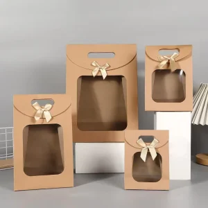 Recyclable Eco Friendly Kraft Paperboard Bag with Window Handle PET Film Window for Supermarket Use Cake Candy Gift Display