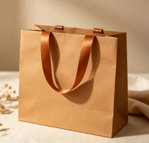 Recyclable Kraft Paper Shopping Bags with Brown Satin Ribbon Handles Custom Logo Gift Tote Bags for Store Packaging