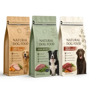Recyclable Pet Food Flat Bottom Pouch Custom High Barrier Resealable Ziplock Kraft Paper Mylar Bags for Dog Cat Treats Storage