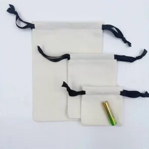 Recycle Black Ribbon String Organic Cotton Small Canvas Hemp Jewelry Packaging Pouch Gift Shopping Drawstring Dust Bags