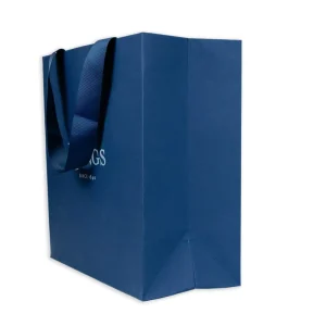 Recycled Custom Promotional Ribbon Gift Clothing Packaging Blue Paper Shopping Bags With Your Own Logo Handle