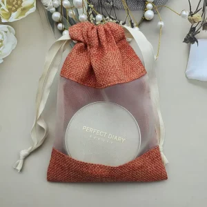 Recycled Jute & Organza Transparent Window Drawstring Pouch with Custom Logo (W100xH140mm) for Candy Gift Bags Jewelry Packaging