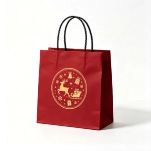 Red Holiday Paper Gift Bag Golden Round Reindeer Sleigh Christmas Print Black Cord Handle Portable Gift Carry Tote