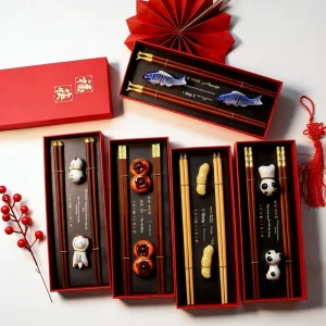 Red Sandalwood Handmade Chopstick Rest Gift Box Set of 2 Chopsticks and 2 Stands Chinese Cultural Creative Design Souvenir