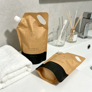 Refillable Custom Printing Accepted Liquid 1L 1.5L 2L 3L Liquid Packaging with Handle and Window Kraft Paper Spout Pouch Bag
