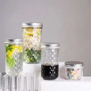 Refillable Embossed Clear Glass Storage Jar with Aluminum Screw Cap Food Grade for Milk and Olive Oil