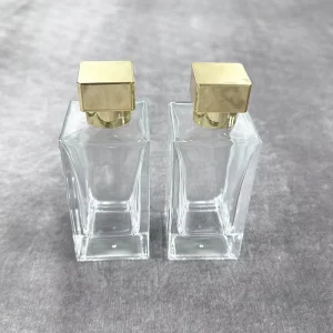 Refillable Rectangle Clear Glass Perfume Bottles with Pump Sprayer Plastic Collar Empty Fragrance Containers for Packaging
