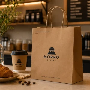 Restaurant Cafe Custom Logo Printed Food Takeaway Grocery Shopping Take Out Packaging Brown Recycled Kraft Paper Bag With Handle