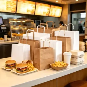 Restaurant Food Takeaway Bag with Reinforced Handle White Brown Kraft Paper Delivery Bag for Catering Pickup Custom Print