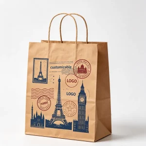 Retro Postage Stamp Pattern Natural Kraft Bag Cotton Rope Handle Spot UV Print for Travel Accessory Handmade Craft Gift Packing