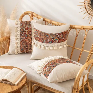 Retro Tassel Cotton Pillowcase Pastoral Style Patchwork Living Room Sofa Back Cushion Light Luxury Jacquard