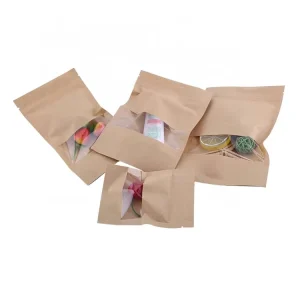 Reusable Brown Kraft Paper Bags with Zipper Lock and Window Made of PE Plastic for Packaging Dry Food Snacks Biscuits and Beans