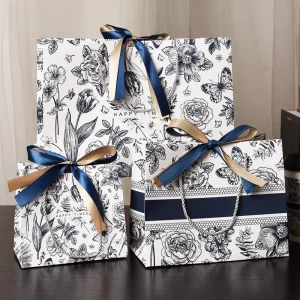 Reusable Custom Printed Craft Black Gift Paper Bag Luxury Wedding Packaging Gift Flower Paper Shopping Bags With Ribbon Handles
