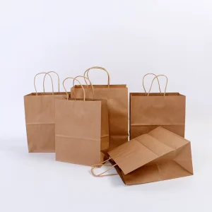 Reusable Eco Friendly Brown Kraft Paper Food Take Away Bag with Handle Custom Size & Digital Printing