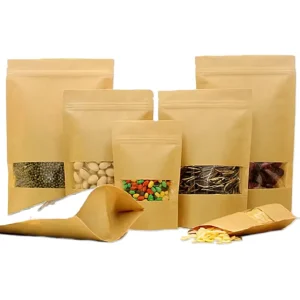 Reusable Food Grade Kraft Paper Craft Bags with Zippers and Windows Custom Printing