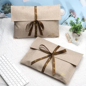 Ribbon Custom Logo Jute Envelope Dust Bag for Clothing, Hair Packing Bags, Jute Linen Envelope Flap Pouch with Satin Lining