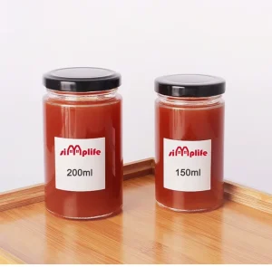 Round Glass Honey Jar with Black Tinplate Screw Cap Screen Printed for Baby Food and Chocolate 200ml