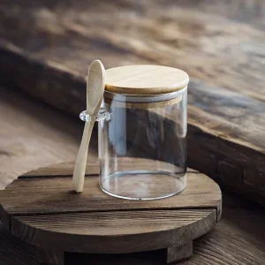 Round Glass Jars with Spoons Airtight Tea Canisters Kitchen Sugar & Condiment Jars with Bamboo Lids Food Grade OEM